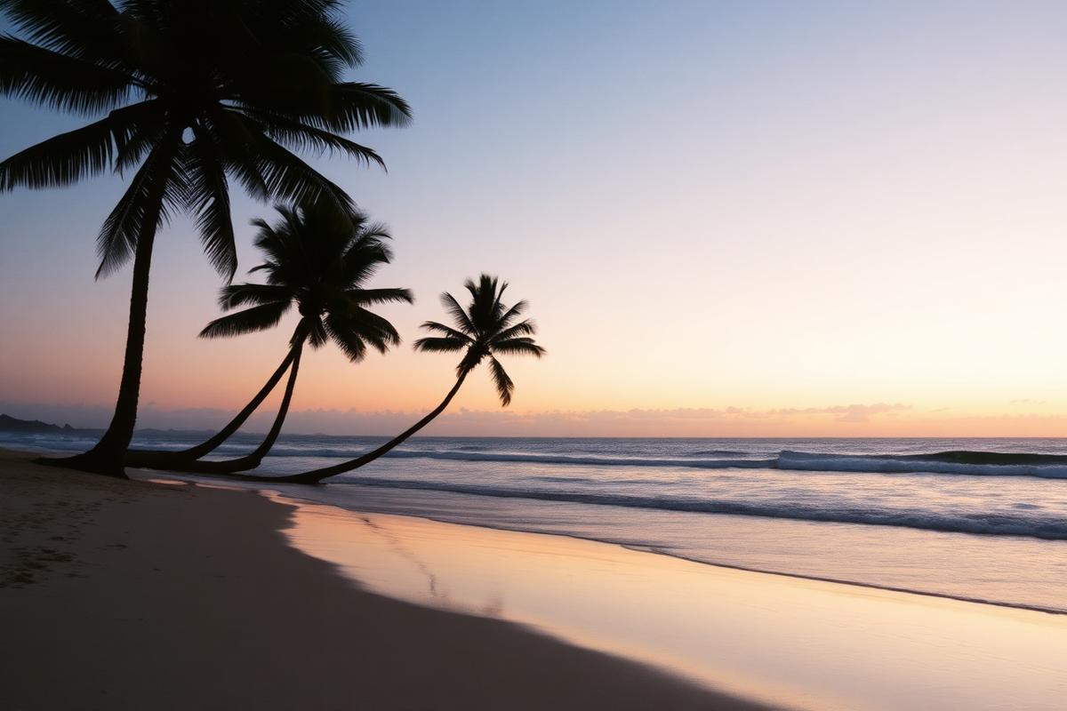 Burleigh Heads at sunrise with palms in silhouette