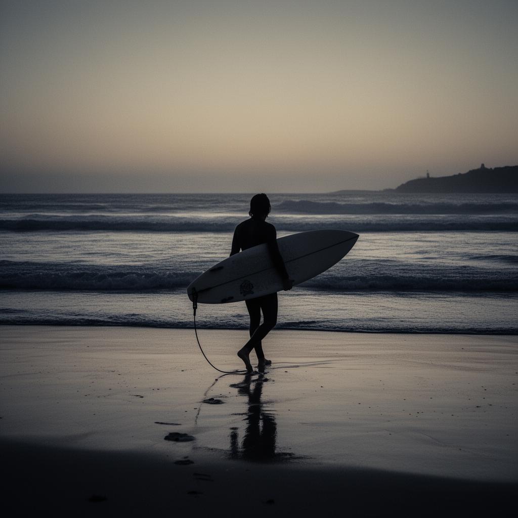 Surfer walking toward the ocean at dawn carrying a board