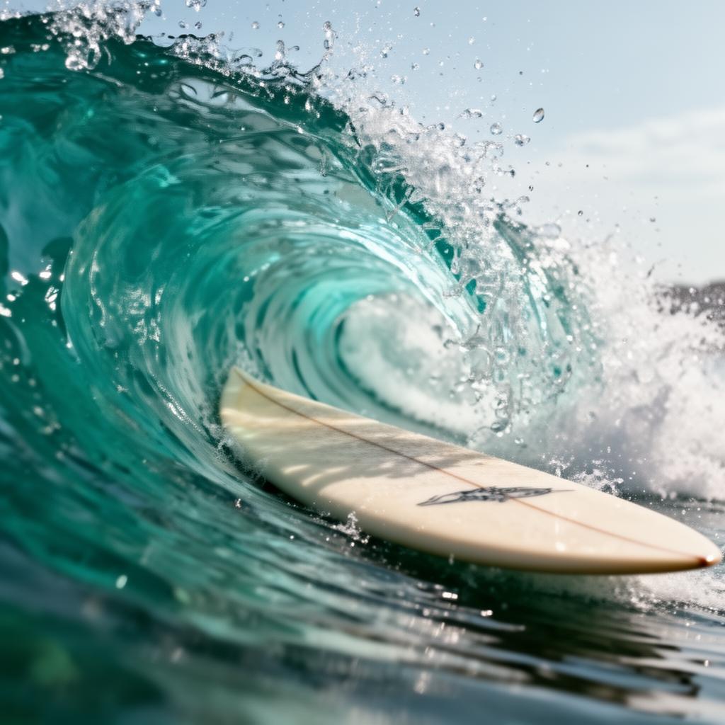 Surfboard rail carving through a glassy turquoise wave